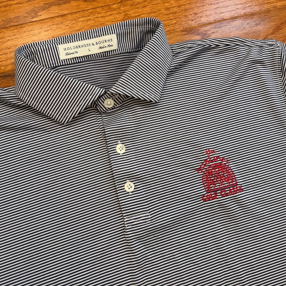 Holderness & Bourne Dubliner Golf Classic Polo Shirt Mens Large Blue Striped - Picture 1 of 13